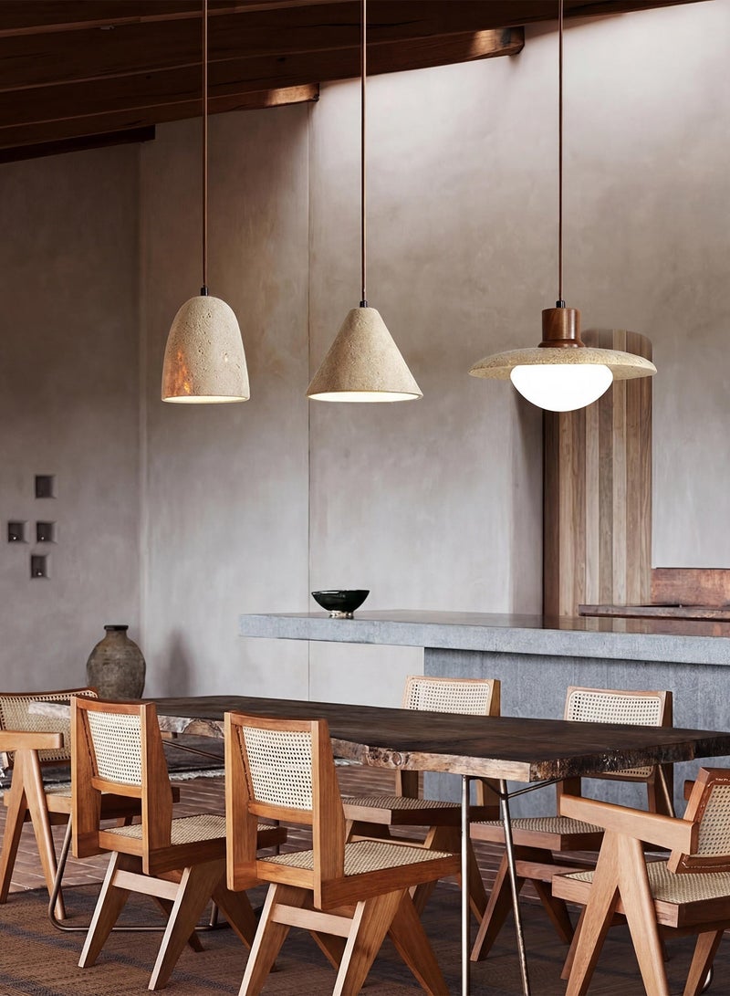 OSSO Nordic Modern Travertine LED Chandelier Natural Stone Shade Walnut Wood Pendant Light Wabi Sabi 3-Color Adjustable Flicker Free Hanging Light for Kitchen Island Dining Room Bedroom Hallway - Image 4